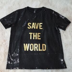 Forever 21 Black Sequin Tee with Gold Text